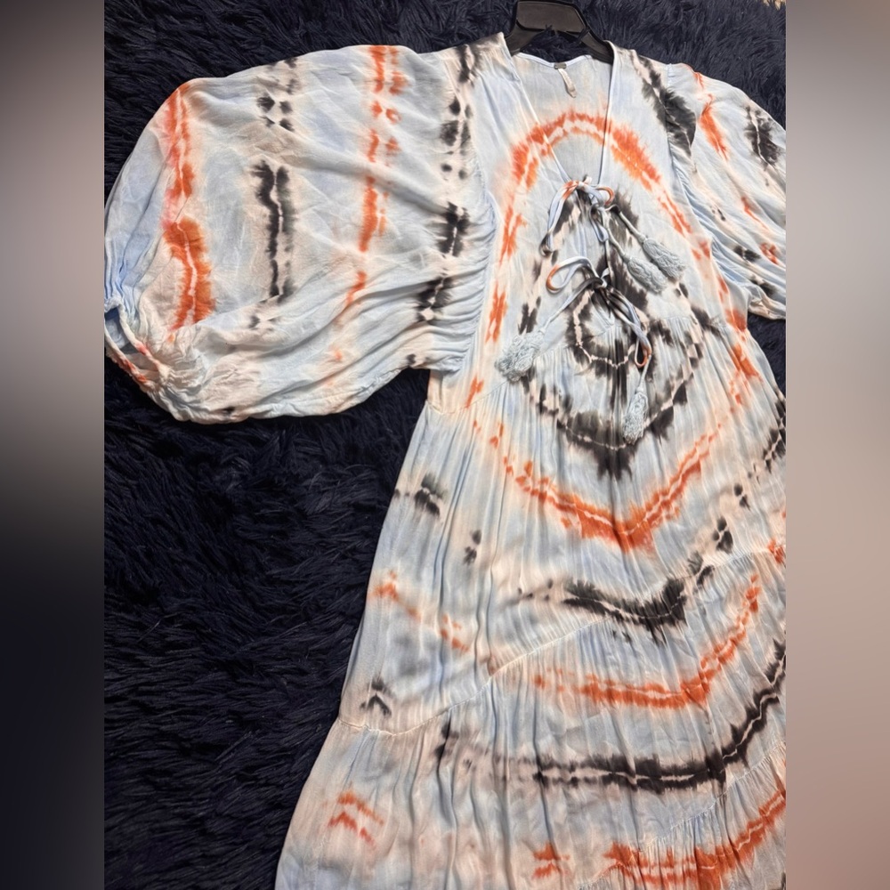 Young Fabulous & Broke Dawn Balloon Sleeve Tie Dye Dress Tangerine Radial. M - Picture 6 of 12
